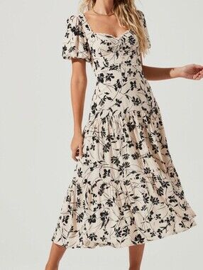 Astr Floral Midi Dress in Cream and Black